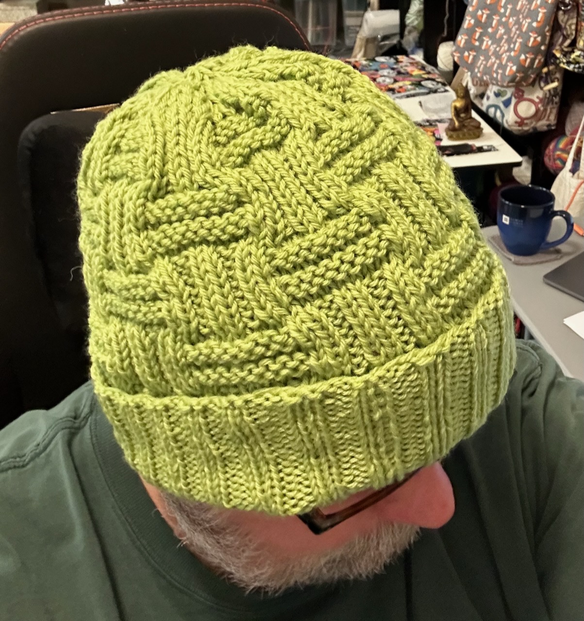 Wearing the Double Basket Weave Beanie prototype